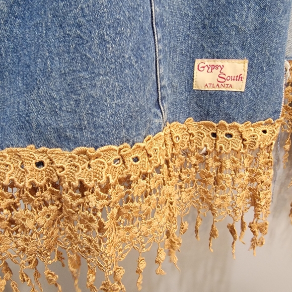 Upcycled Vintage Gypsy Boho Denim Jacket Kimono Crochet Fringe - Picture 3 of 15